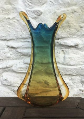 Vintage 11 " Murano Art Glass Winged Vase,  Amber & Blue