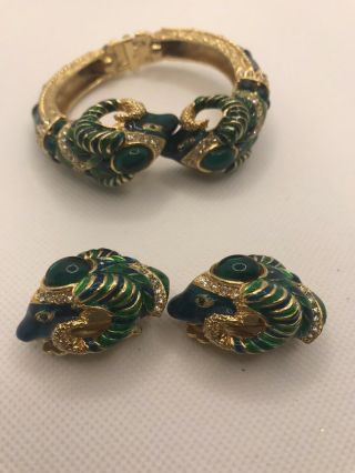 Vintage Designer Highly Desirable Signed Craft Rams Head Bangle And Earring Set