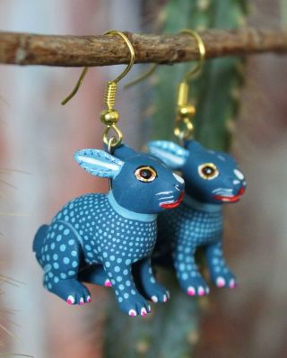 Rabbit Alebrije Earrings Detailed By Ana Xuana Handmade Oaxaca Mexico Folk Art