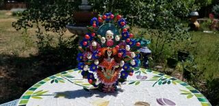 Vintage Mexican Pottery Folk Art Tree Of Life Day Of The Dead Candle Holder