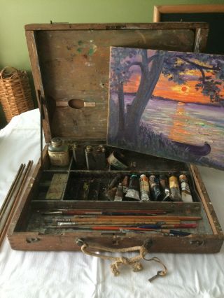 Vtg Wooden Dove Tailed Artist Paint Storage Box Tin Lined Easel Paints Supplies