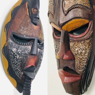 Vintage Hand - Carved Wooden African Masks Tribal Ghana Art 16” X 8” - Set Of 2