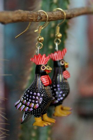 Reserved For Karen Rooster Earrings Alebrije By Ana Xuana Mexican Folk Art