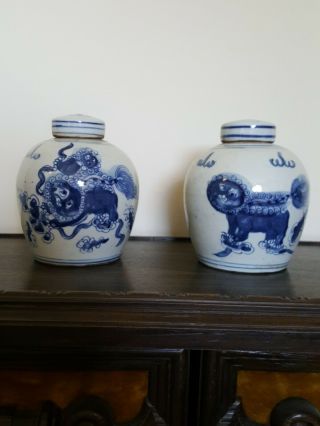 Pair Chinese Blue & White Painted Foo Dog Porcelain Ginger Jar W/lid