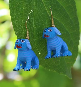 Alebrije Blue Dog Earrings Detailed By Ana Xuana Handmade Oaxaca Mexico Folk Art