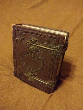 Antique Leather Bound Hard Cover Tin Type Photograph Album Book 7 " Dual Latch