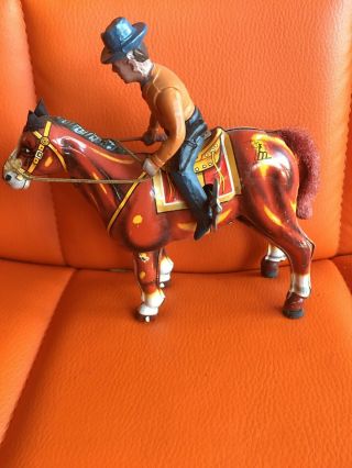 Vintage Mikuni Tin Litho Mechanical Brave Cowboy Wind - Up Toy,  Well