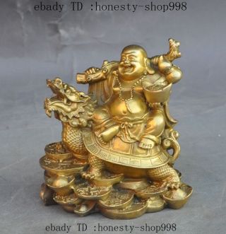 Chinese Brass Ride Dragon Turtle Happy Laugh Maitreya Buddha Wealth Lucky Statue