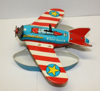 Vintage Ohio Art Tin Litho Wind Up Coast Guard Sea Plane Toy 50s - 60s