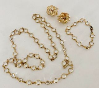 Vtg Monet Open Bezel Austrian Crystal Set Necklace,  Earrings,  Bracelet Gold Tone
