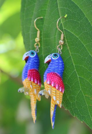 Alebrije Macaw Earrings Detailed By Ana Xuana Handmade Oaxaca Mexican Folk Art