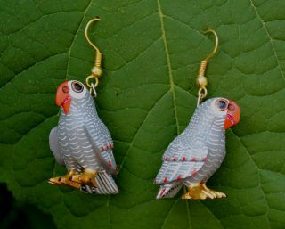 Alebrije African Gray Parrot Earrings Ana Xuana Handmade Oaxaca Mexico Folk Art