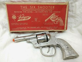 1938 Kilgore Six Shooter Cast Iron Cap Gun W/ Box Unfired