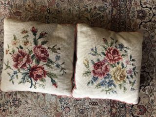 Pair Vintage Handmade Needlepoint Tapestry Throw Pillows Roses & Hummingbirds