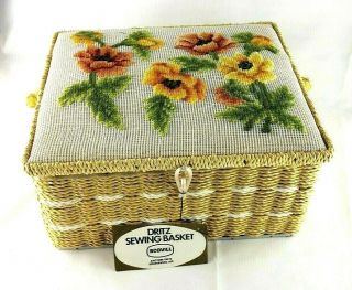 Vintage Dritz Sewing Basket With Needlepoint Top & Exquisite Lining