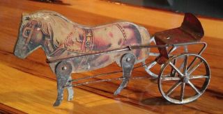 Antique Gibbs Litho,  Wood & Tin Horse,  Red Metal Seat,  Cast Iron Wheels Pull Toy