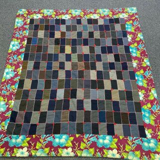 Vintage Handmade Crazy Quilt Blanket Hawaiian Tropical Border Tweed Fabric 63x73