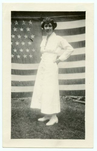 1900s Lady Liberty Patriotic Usa American Flag Vintage Snapshot Photo