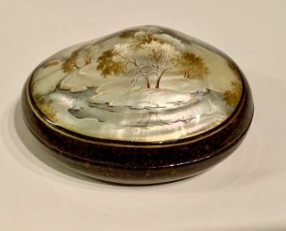 Fedoskino Russian Lacquer Box,  Hand Painted Hinged Seashell With Mother Of Pearl