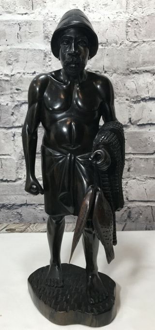 Vintage Carved Wood African Tribal Art Statue Figure Figurine 16.  5 " Man W/ Fish