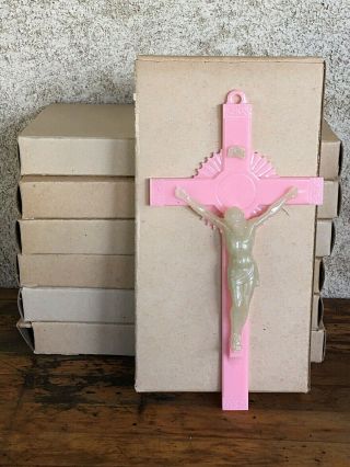 7 Vtg Five/dime Store Funeral Home Novelty Pink Plastic Glow/dark Curcifx Cross
