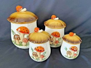Vintage 1978 Sears & Roebuck Merry Mushrooms Set Of 4 Canisters Near Perfect