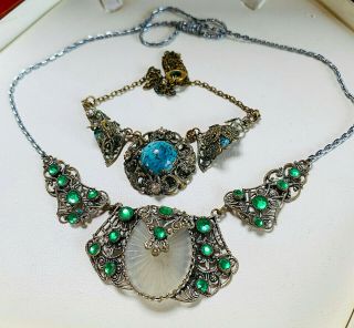 Vintage Jewellery 2 Czech Art Deco Glass Filigree Necklaces
