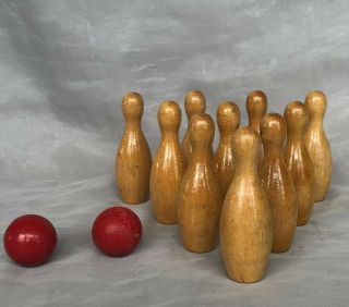 Vintage Miniature Wooden Bowling Pins Ten 10 Pin Skittles Bowling Game Vintage