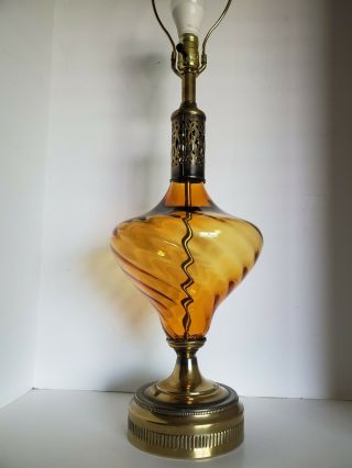 Vtg Mid Century Modern Amber Optic Glass Table Lamp Hollywood 29 "