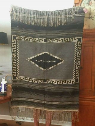 Vintage Antique Mexican Serape Saltillo Poncho Rug Blanket Fringe Early