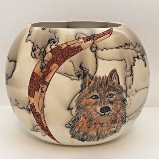 Handmade Ceramic Round Oval Horse Hair Wolf Face Pottery By Gina Arrighetti