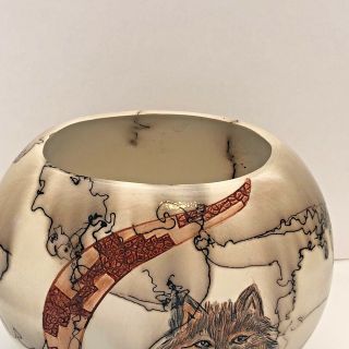 Handmade Ceramic Round Oval Horse Hair Wolf Face Pottery By Gina Arrighetti 2