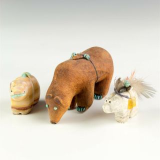 3 Zuni Native American Carved Stone Wood Turquoise Bear Fetish Figurine Nr Rcr