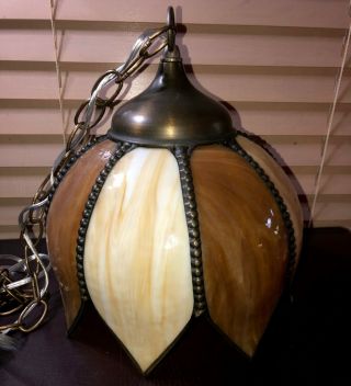 Vintage Tulip Brown/cream Slag Stained Glass Ceiling Light Hanging Lamp Tiffany