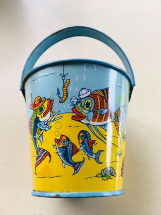 Vintage Tin Sand Pail And Shovel Rusell Stover Candy Bucket Under Sea Theme