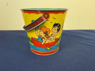 Vintage Ohio Art Tin Lithograph Children Playing On A Boat Bucket D