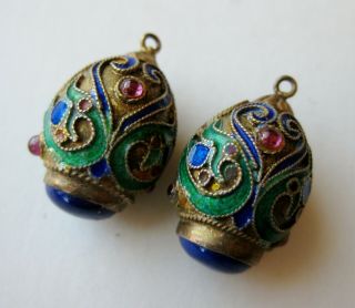 Fine Vtg Chinese Sterling Silver Cloisonne Enamel Lapis Lazuli Drop Earrings