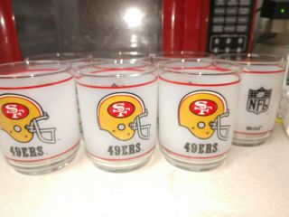 Vintage San Francisco 49ers Nfl White Frosted Tumbler Glass Cup Mobil Set Of 7