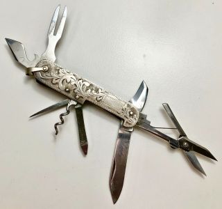 Vintage Oriental Japan - - Hand Chased Sterling Silver - 8 - Blade Multi Tool Knife