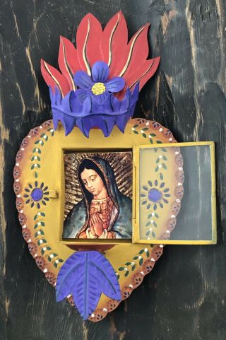 Tin Sacred Heart Nicho Frame Candle Holder Virgin Guadalupe Mexican Folk Art 12”