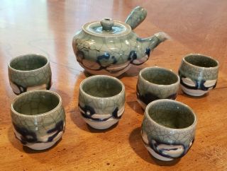 Vintage Somayaki Soma Ware Green Crackle Golden Horse Teapot Teacup Set Japanese