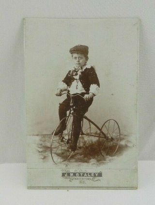 Vintage Cabinet Photo Portrait Of Little Boy On Tricycle Bike Suit Hat