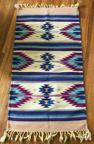 Vintage Wool Saltillo Serape Mexican Fringed Blanket Rug Purple Blue 60” X 31 "