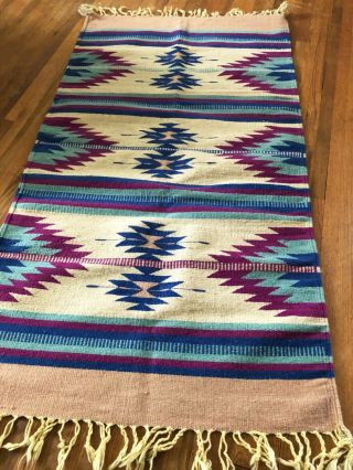 Vintage Wool Saltillo Serape Mexican Fringed Blanket Rug Purple Blue 60” x 31 