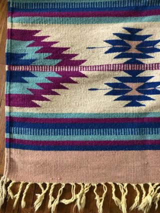 Vintage Wool Saltillo Serape Mexican Fringed Blanket Rug Purple Blue 60” x 31 