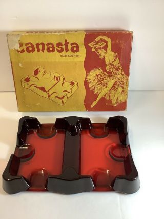 Vintage Canasta Ruby Red Glass Playing Card Tray - Unique &