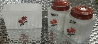 Vintage Tipp Milk Glass Salt & Pepper Shakers W/sugar Packet Holder Flower