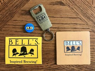 Bell’s Brewing Co.  Keychain Beer Bottle Cap Opener W/ Coaster,  Sticker & Pin