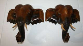 Vintage Carved Solid Wood Elephant Heads Set Of 2 With Tusks Wall Mount