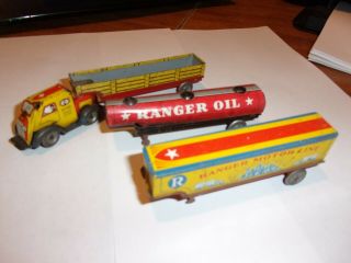1950s Ranger Motor Lines Tin Litho Toy Tractor Trailer Truck Four Piece Set